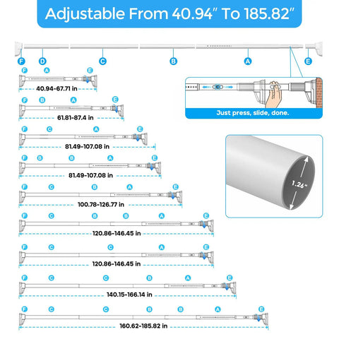 Ultra Long Tension Curtain Rod 41 To 185 Inches No Drilling Install For Patio Windows And Room Dividers One Touch Telescopic Rod White Never Rust Outdoor Curtain Rods For Easy Mount size chart
