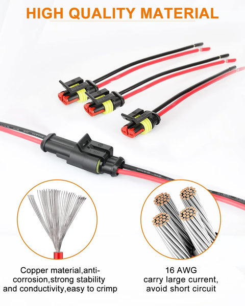 Waterproof 2 Pin Automotive Wiring Connector Kit With 16 AWG 2 Wire Plugs And Heat Shrink Tubing IP68 Seal For Car Truck Boat
