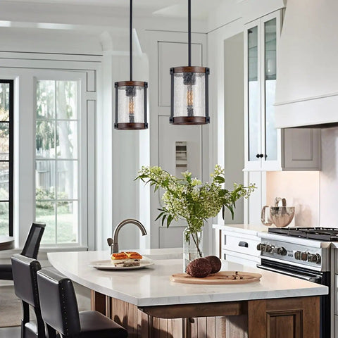 9 Inch Rustic Farmhouse Pendant Light With Crackle Glass Shade And Walnut Wood Finish Hand Painted Metal Frame Black Hardware Delivers Warm Cozy Vibe For Kitchen Island Dining Room