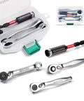 Mini Four Piece One Quarter Inch Drive Ratchet Wrench Set with Seventy Two Tooth Quick Release Reversible Socket and Bit Holder in Case