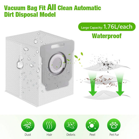Compatible Roomba Replacement Parts Kit vacuum bag showing capacity and features like waterproof and debris filtration.