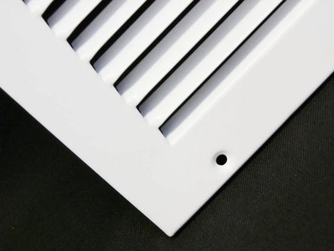 Corner view of Steel Return Air Grille 25 By 20 Inch White For Sidewall Or Ceiling Mount Duct Cover Premium Metal Vent, showing screw hole.