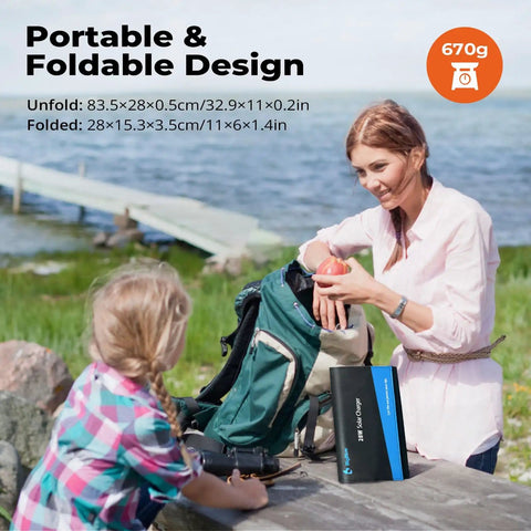 Woman packing a Portable Solar Charger 28W With Digital Ammeter, 25.4% High Efficiency, Foldable Waterproof Panels, into a backpack