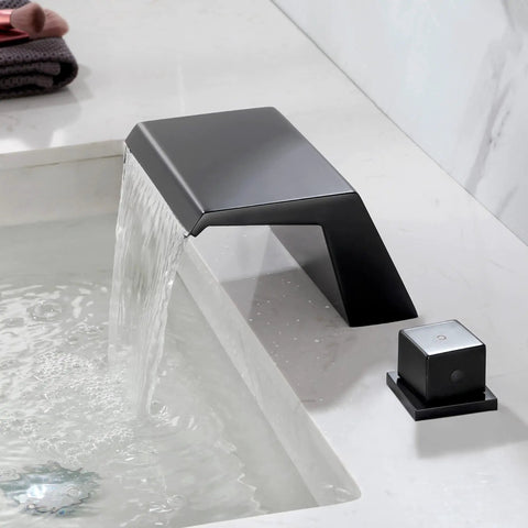 Matte Black Waterfall Tub Filler Deck Mount With Three Hole Roman Tub Faucet And Two Square Handles Valve Included And cUPC Water Supply Lines All Solid Brass Construction