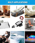 Mini DC Linear Actuator with 150N Beefy Thrust, 15mm Stroke, shown in various applications like furniture and boats