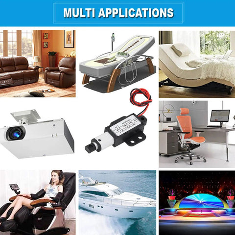 Mini DC Linear Actuator with 150N Beefy Thrust, 15mm Stroke, shown in various applications like furniture and boats