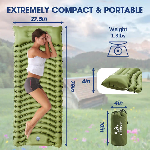 Ultralight Camping Sleeping Pad With Pillow And Built In Foot Pump Self Inflating Portable Mattress held by a person
