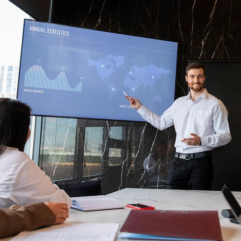65 Inch 4K Interactive Touchscreen Monitor Smart Board Electronic Whiteboard Windows 11 Pro used in a business meeting presentation.