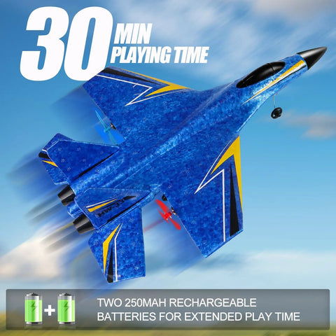 Beginner Friendly Remote Control Airplane For Kids And Adults, 2 Channel Foam RC Plane, Jet Style Glider, shown in blue with battery icons for extended play time, Stable Flight, Easy To Fly, Blue Great For Beginners And Hobbyists To Practice Indoors Or Outdoors With A Stable Six Axis Gyro For Easy Learning.
