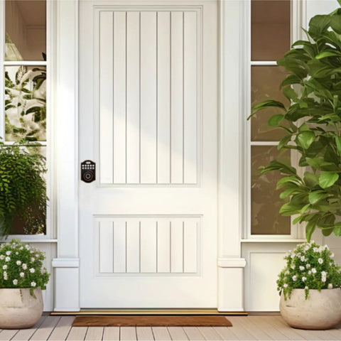 Smooth Keyless Entry Deadbolt With Smart Fingerprint Reader And Electronic Keypad Bluetooth App Control No Sweat Setup on a white door.