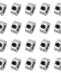 Twenty Piece Set Screw Shaft Collars With 5.05mm Bore, 10mm OD, 5mm Width, Nickel Plated Carbon Steel Drill Stop Collars For Precise Positioning Spacers And Stops arranged in grid pattern.