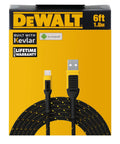 Beefy Kevlar Reinforced USB A To Type C Cable, 6ft black cable with rugged design displayed on DeWalt packaging
