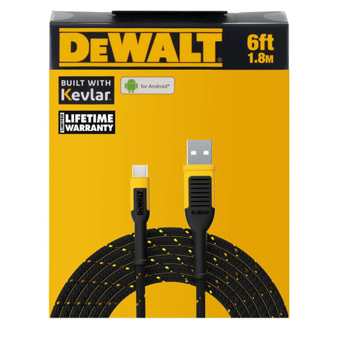Beefy Kevlar Reinforced USB A To Type C Cable, 6ft black cable with rugged design displayed on DeWalt packaging