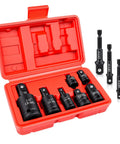 10 Piece Socket Adapter Set For One Quarter Three Eighths One Half Inch Drives With Reducers Universal Joints And Drill Adapters CrMo Steel Built Tough Heavy Duty Impact Gear For Auto Repair And DIY Projects, red case