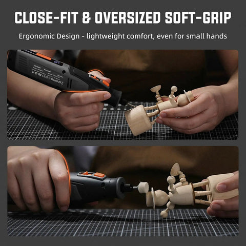 Killer Cordless Rotary Tool Kit With 70 Top Notch Attachments And Legit Variable Speed Control for carving a wooden figure.