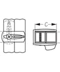 Diagram of 316 Stainless Gate Latch For 1-1/4 Inch Square Tubing, side and front view, with measurements A, B, and C.