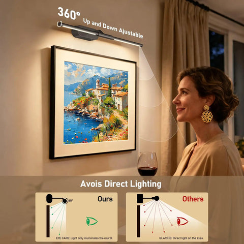 Twenty Four Inch Wireless Picture Light For Wall Rechargeable Art Lamp With Remote 8000 Mah Battery Pack Three Tone Settings And Flicker Free Glow Zero Hassle Mount Straight Premium Vibe For Indoor Picture Display illuminating a colorful artwork in a living room.