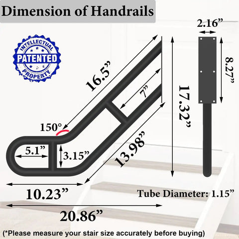 Dimension diagram of Heavy Duty U Shaped Handrails For Outdoor Steps Built From Solid Wrought Iron With Black Powder Coat.