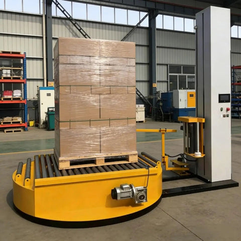 Fully Automatic Pallet Stretch Wrapper With Conveyor Line Setup Industrial Stretch Film Wrapping Machine Heavy Duty Turntable For Quick End Of Line Packaging Moves That Runs Smooth And Handles Freight Like A Champ