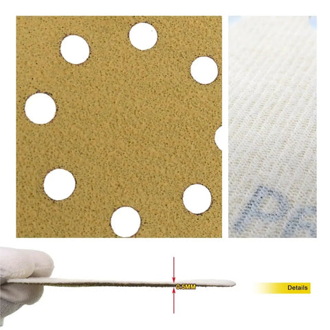 Premium 5 Inch Dry Sanding Discs With Hook Loop System Featuring Durable Aluminum Oxide Abrasive Paper for smooth finishes and dust extraction.