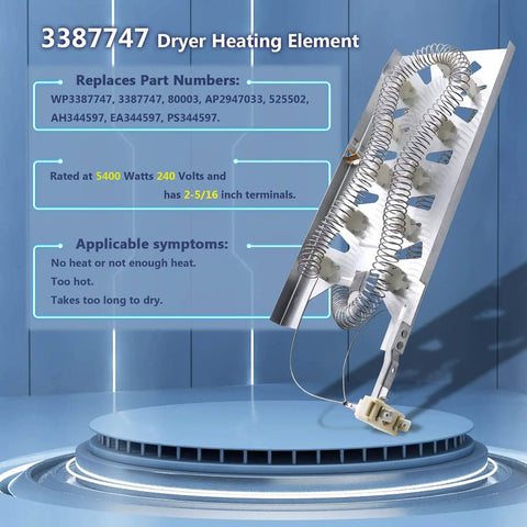Beefed Up Dryer Heating Element And Thermostat Kit With Thermal Cutoff Fuse Replacement 3387747 WP3387747 Bundle display