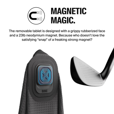 Ultimate Golf Towel With Built In Scrub Core Pad And Quick Release Magnetic Tablet showcasing magnet strength with golf club
