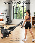 Top Tier Magnetic Rowing Machine For Home Gyms packing an ultra smooth glide in a compact space with built-in wheels for easy storage.