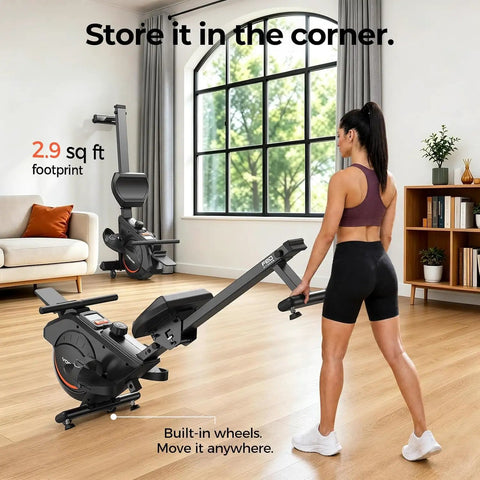 Top Tier Magnetic Rowing Machine For Home Gyms packing an ultra smooth glide in a compact space with built-in wheels for easy storage.