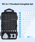 115-In-1 Precision Screwdriver Set With Pro-Grade Magnetic Bits for electronics repair, showing magnetic bits and tools