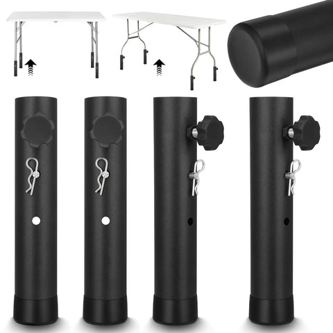 Heavy Duty Folding Table Extenders And Steel Risers For Straight Or Bent Legs Adjustable Height Extensions 4 Pack with adjustable steel risers.