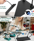 Magnetic Helping Hands Soldering Station with Alligator Clips, four flexible gooseneck arms, PCB holder, non-slip base in use