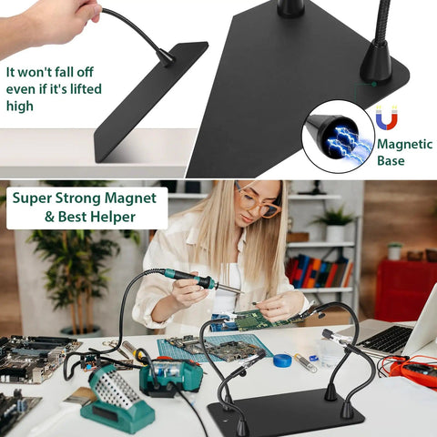 Magnetic Helping Hands Soldering Station with Alligator Clips, four flexible gooseneck arms, PCB holder, non-slip base in use