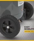 Portable 20 Gallon Air Compressor 2 Hp 120V 175 Psi 4.2 Scfm At 90 Psi With Thermal Overload Protection showing flat-free tires for easy mobility.
