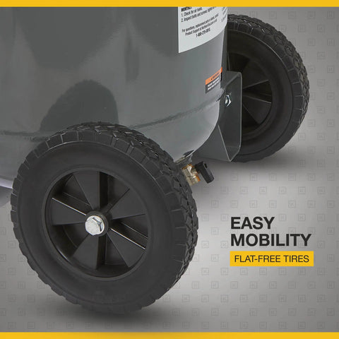 Portable 20 Gallon Air Compressor 2 Hp 120V 175 Psi 4.2 Scfm At 90 Psi With Thermal Overload Protection showing flat-free tires for easy mobility.