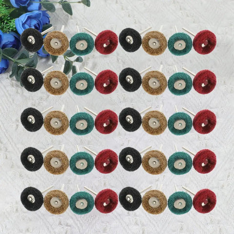 40 Piece Abrasive Nylon Buffing Wheels Set for Rotary Tools, showing four colorful rows on textured background