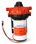 12V RV Water Pump 5.5 GPM 60 PSI Heavy Duty Diaphragm Pump with red housing and wired connections for marine use.