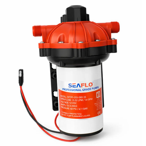 12V RV Water Pump 5.5 GPM 60 PSI Heavy Duty Diaphragm Pump with red housing and wired connections for marine use.