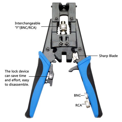 Front view of Coax Cable Crimping Kit Adjustable Tool Set For RG59 RG6 F BNC RCA With 20 F Compression Connectors, heavy-duty design.