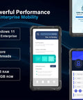Badass Durability 6.5-Inch Rugged Tablet PC With Honeywell Barcode Scanner And Windows 11 IoT Enterprise OS showing performance specs and UI.