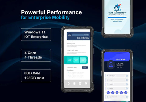 Badass Durability 6.5-Inch Rugged Tablet PC With Honeywell Barcode Scanner And Windows 11 IoT Enterprise OS showing performance specs and UI.