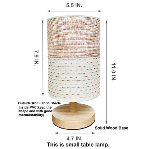 Table Desk Lamp With Brown Knit Fabric Shade Solid Wood Base Boho Nightstand Lamp For Bedroom Living Room End Table Or Office Warm White 3W LED Bulb Included On Off Switch Soft Cozy Light, dimensions labeled
