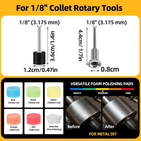Diagram of 1/8 inch collet rotary tools with dimensions and foam polishing pads for metal DIY projects