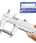 Vernier Caliper Measuring Tool 0-6 Inches 0-150mm Stainless Steel, Handy Pro Grade Precision 0.001 Inch and 0.02 Millimeter Dual Imperial Metric Scale, Outside Inside Depth Step Measurements for DIY Woodworking and Metalworking. Stainless steel vernier caliper measuring a bolt thread