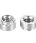 Top Drawer Heavy Duty Self Clinching Nuts Quarter 20 Thread Stainless Steel Rivet Nut With Round Head For Thin Sheet Metal And Quick Install Mounting Hardware Fifty Pack No Fuss Assembly, two views of round head rivet nuts.