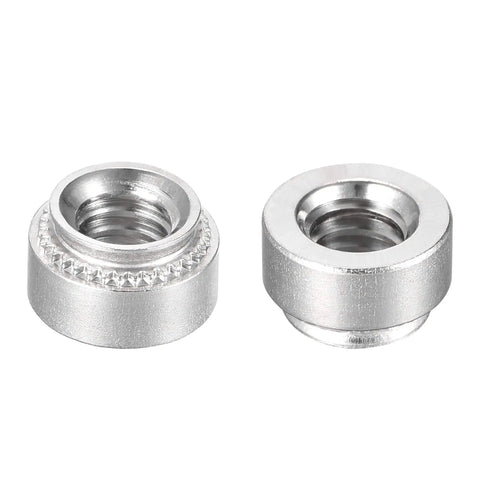 Top Drawer Heavy Duty Self Clinching Nuts Quarter 20 Thread Stainless Steel Rivet Nut With Round Head For Thin Sheet Metal And Quick Install Mounting Hardware Fifty Pack No Fuss Assembly, two views of round head rivet nuts.