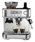Grind To Order Freshness With This All In One Espresso Machine Packing A Built In Conical Burr Mill 15 Bar Pump Strength PID Temp Control And Fast Milk Frothing For Killer Lattes At Home - stainless espresso machine with grinder and two shots brewing.