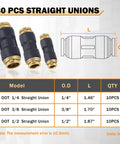 Diagram of DOT Go-To Air Line Fittings Set With Quick Connect And Push Lock; 30 Piece Brass And Plastic Straight Unions; size details