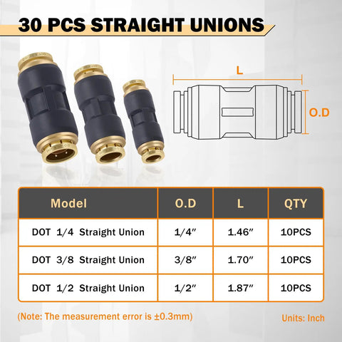 Diagram of DOT Go-To Air Line Fittings Set With Quick Connect And Push Lock; 30 Piece Brass And Plastic Straight Unions; size details