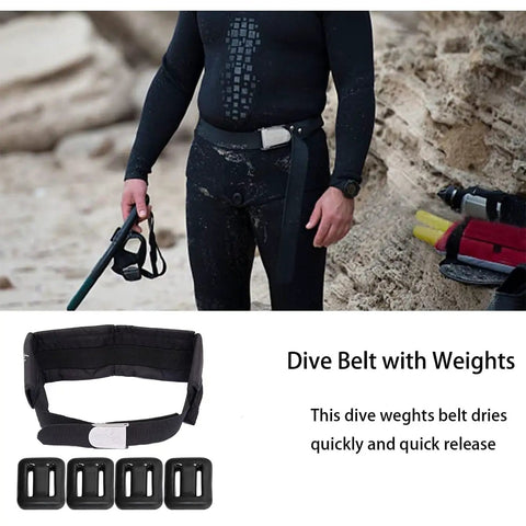 Beginner Friendly Dive Belt Kit With Weights, 4 Pockets And Quick Release Buckle, Four 1.1 lb Weights on person and belt close-up