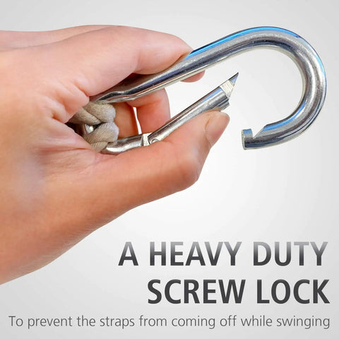 Close-up of heavy-duty screw lock for Tree Swing Straps And Hammock Rope Kit, 13 Ft Each With Heavy Duty Carabiner Hooks.